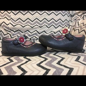 Navy Mary Jane’s with pink flower